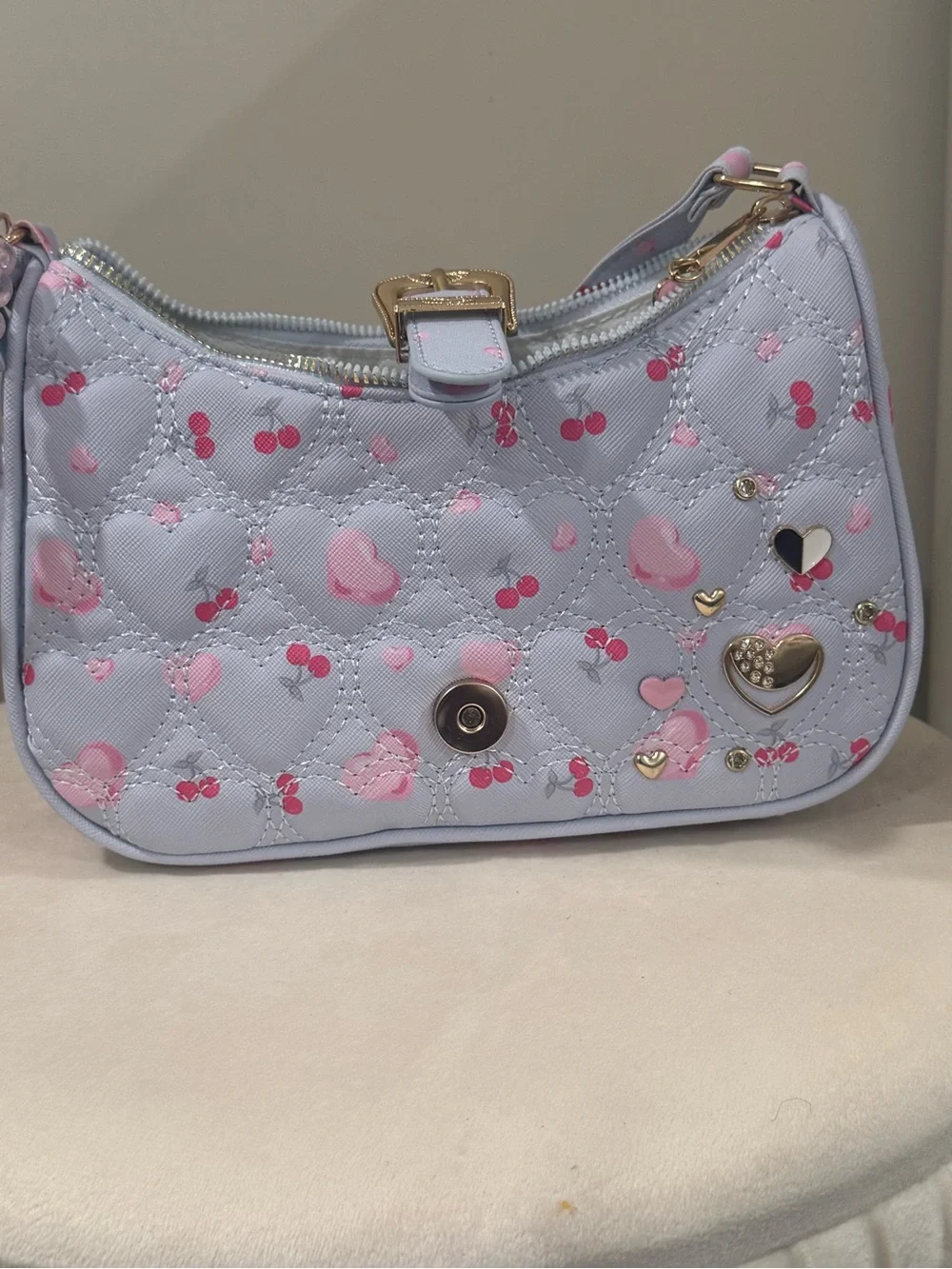 Kids Light Blue Quilted Heart Crossbody Bag with Pink Accents